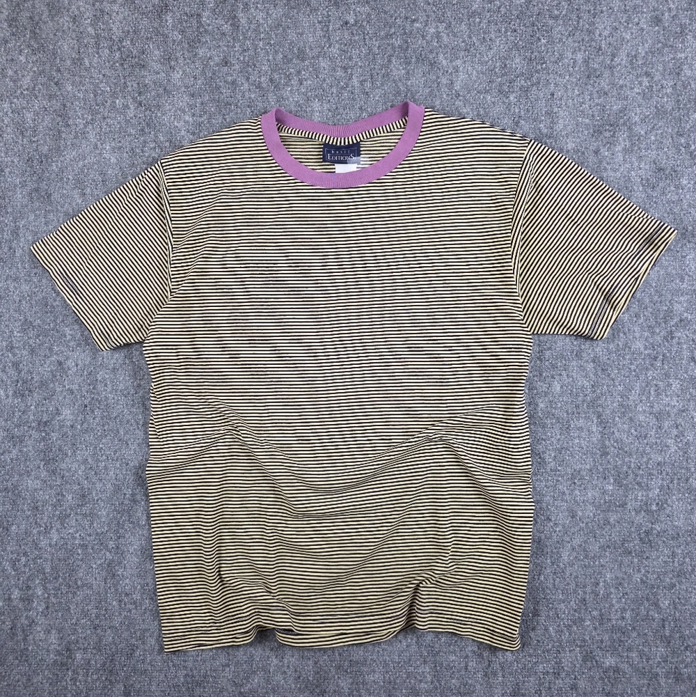 Basic Editions Ringer Tee 100% Cotton Literal Stripe Yellow Purple Size L Vntg